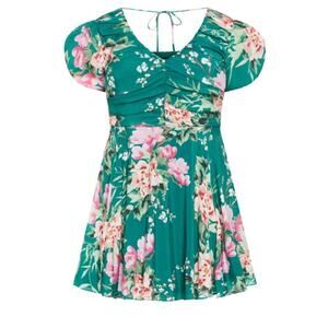 City Chic NEW Marci Print Dress Green Floral XXL Short Sleeve Puff Women's 24W